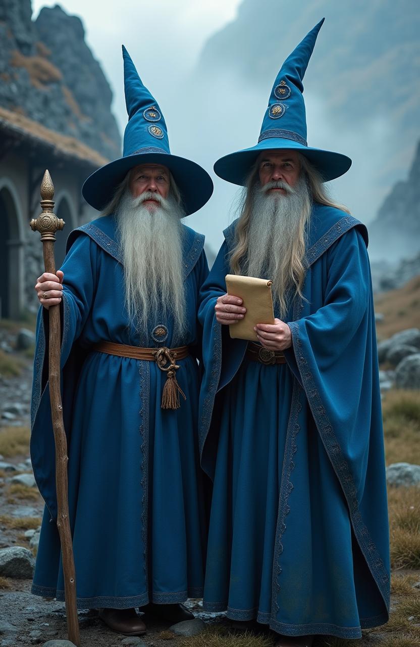 A live action hyper-realistic image of the two Blue Wizards from Tolkien's Middle-earth lore, Alatar and Pallando