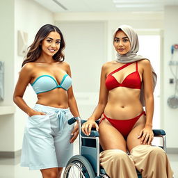 A scene depicting two beautiful women, one with European features and the other an Arab girl, both wearing fashionable skimpy two-piece swimsuits