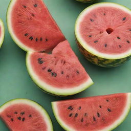 Two fruits, a juicy, bright red watermelon, split open revealing its refreshing flesh, and a ripe, golden pineapple, cut in half to show its sweet interior, beautifully contrasted against each other.