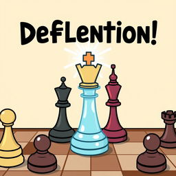 A cartoon-style chessboard background featuring an engaging scene where a highlighted rook is performing a deflection move