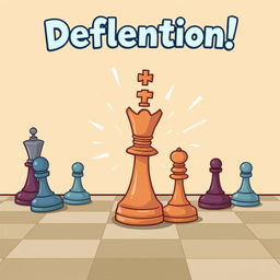 A cartoon-style chessboard background featuring an engaging scene where a highlighted rook is performing a deflection move