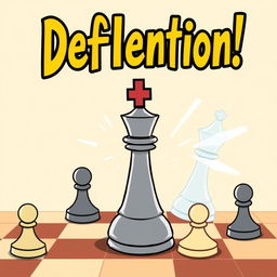 A cartoon-style chessboard background featuring an engaging scene where a highlighted rook is performing a deflection move