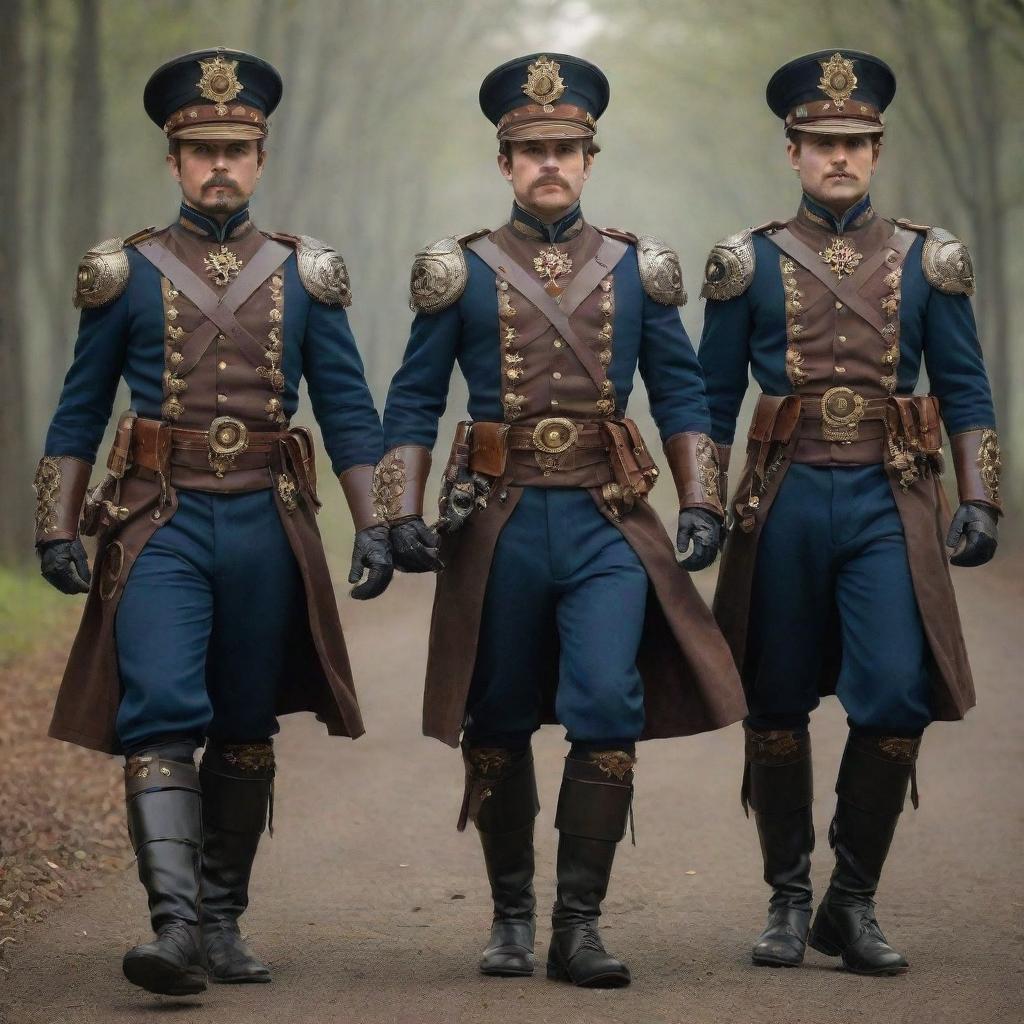 Steampunk soldiers dressed in Victorian-era military uniforms with a twist. Equipped with intricately molded metal armors, steam-powered weapons, and gears-adorned helmets, exuding an aura of anachronistic technology blended with historical aesthetics.