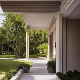 A large, exquisite portico leading to a state-of-the-art veranda with refined architectural details and elegant outdoor furnishings.