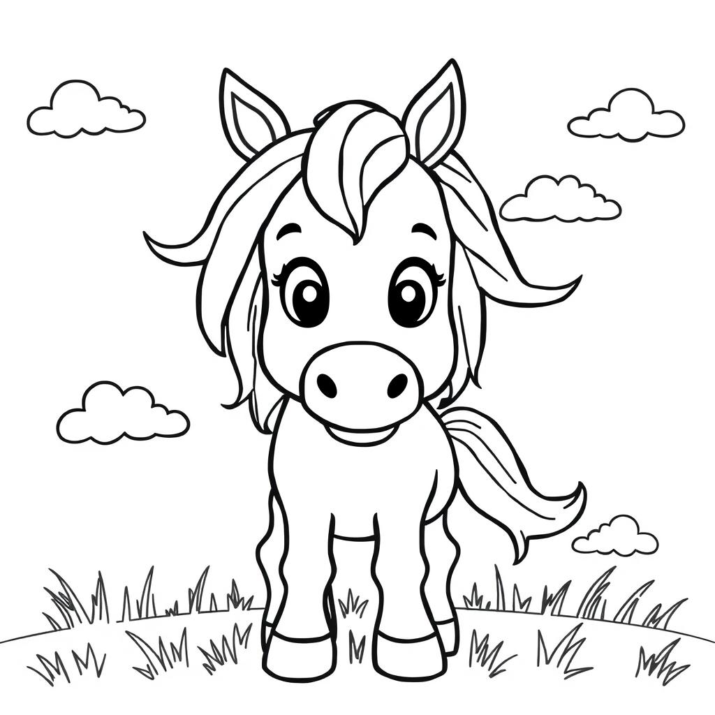 A linear drawing of a horse designed in a coloring art style, featuring simple and clear details perfect for a children's coloring book