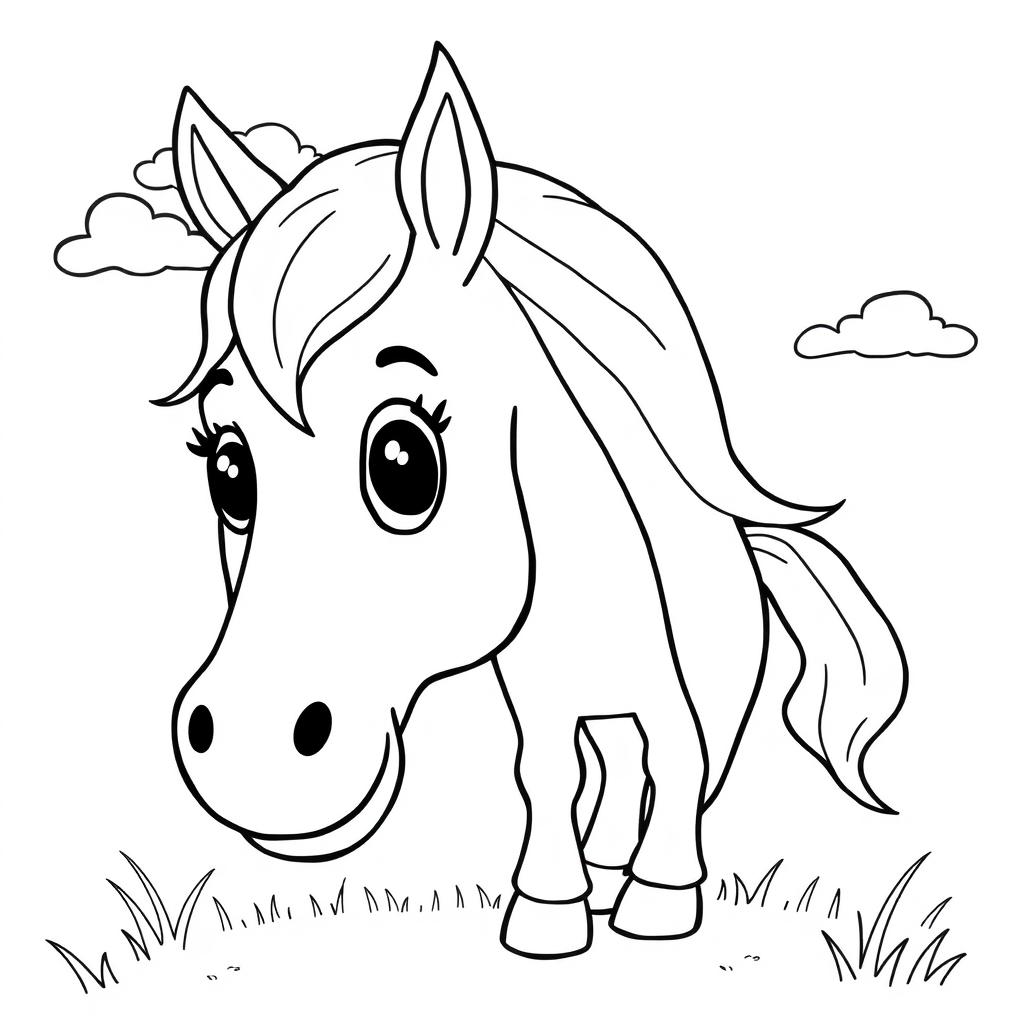 A linear drawing of a horse designed in a coloring art style, featuring simple and clear details perfect for a children's coloring book