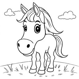 A linear drawing of a horse designed in a coloring art style, featuring simple and clear details perfect for a children's coloring book