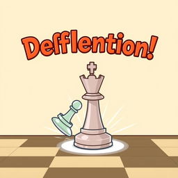 A cartoon-style chessboard background featuring a highlighted rook executing a deflection move