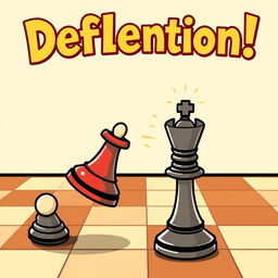 A cartoon-style chessboard background featuring a highlighted rook executing a deflection move