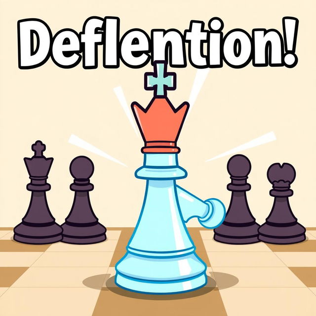 A cartoon-style chessboard background featuring a highlighted rook executing a deflection move