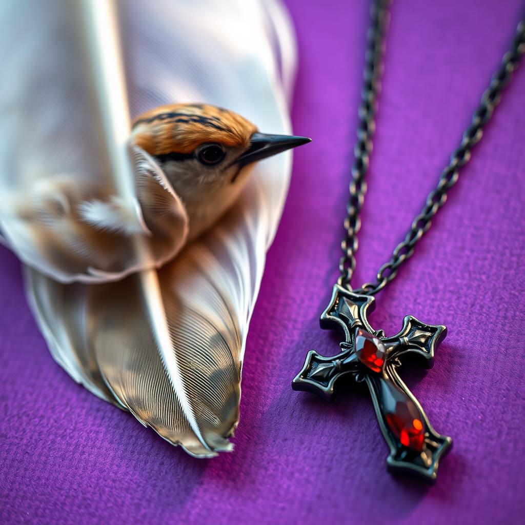 A detailed close-up of a delicate Sparrow feather resting elegantly on a vibrant purple background