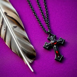 A detailed close-up of a delicate Sparrow feather resting elegantly on a vibrant purple background