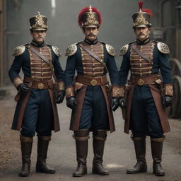 Steampunk soldiers dressed in Victorian-era military uniforms with a twist. Equipped with intricately molded metal armors, steam-powered weapons, and gears-adorned helmets, exuding an aura of anachronistic technology blended with historical aesthetics.