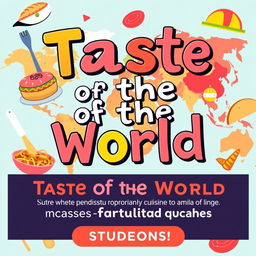 A vibrant and engaging promotional poster for students featuring the theme 'Taste of the World'