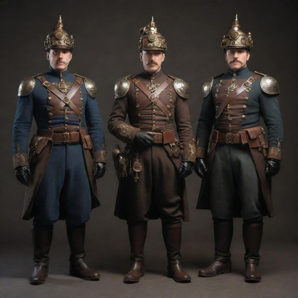 Steampunk soldiers dressed in Victorian-era military uniforms with a twist. Equipped with intricately molded metal armors, steam-powered weapons, and gears-adorned helmets, exuding an aura of anachronistic technology blended with historical aesthetics.