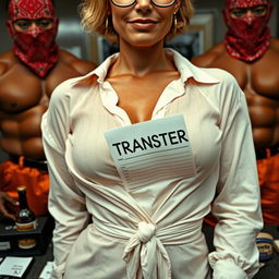 Extreme close-up on a woman's chest and torso, featuring a sexy portrayal of Barbara Eden with a blonde bun and small glasses