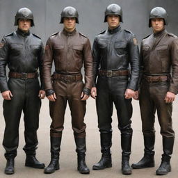 Soldiers in dieselpunk style: garbed in military regalia inspired by World War era, but with a futuristic edge. Visualize sleek leather jackets, ammunition belts, decorated helmets, and diesel-powered armory with a rugged, yet polished industrial aesthetic.