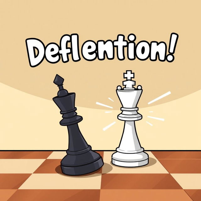 A cartoon-style chessboard background featuring a dynamic scene where a highlighted white rook is executing a deflection move