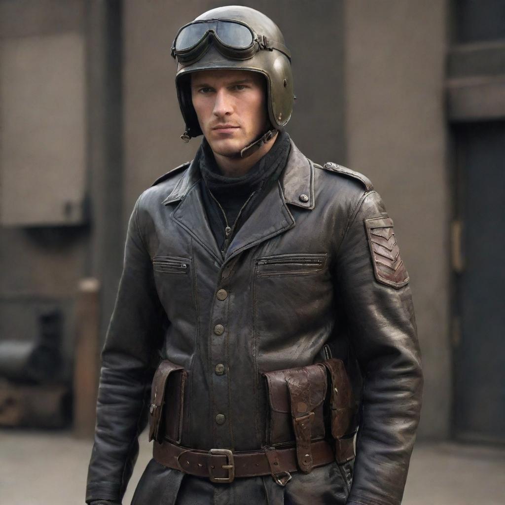 Soldiers in dieselpunk style: garbed in military regalia inspired by World War era, but with a futuristic edge. Visualize sleek leather jackets, ammunition belts, decorated helmets, and diesel-powered armory with a rugged, yet polished industrial aesthetic.