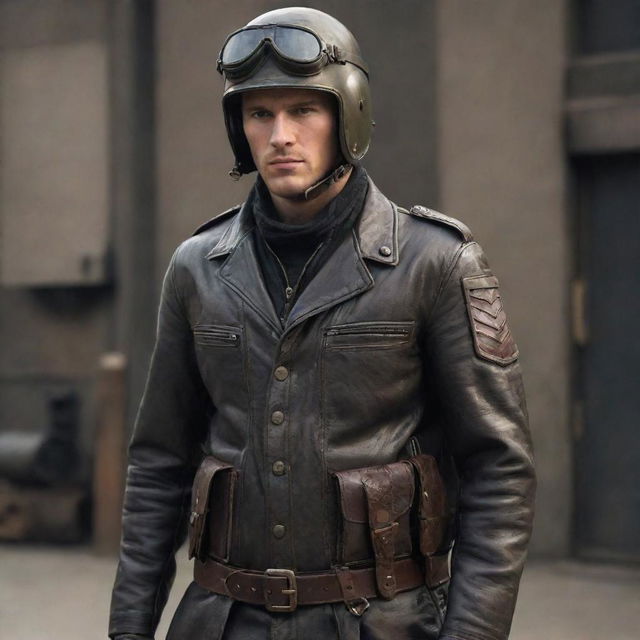 Soldiers in dieselpunk style: garbed in military regalia inspired by World War era, but with a futuristic edge. Visualize sleek leather jackets, ammunition belts, decorated helmets, and diesel-powered armory with a rugged, yet polished industrial aesthetic.