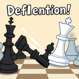 A cartoon-style chessboard background featuring a dynamic scene where a highlighted white rook is executing a deflection move