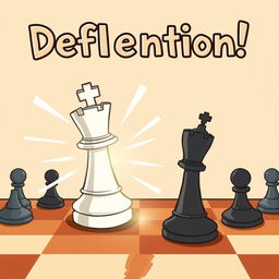 A cartoon-style chessboard background featuring a dynamic scene where a highlighted white rook is executing a deflection move