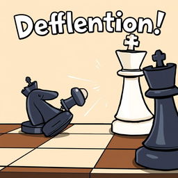 A cartoon-style chessboard background featuring a dynamic scene where a highlighted white rook is executing a deflection move