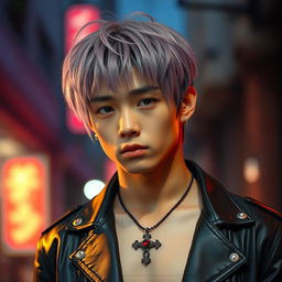 A hot Japanese young male with medium-length lavender hair styled fashionably