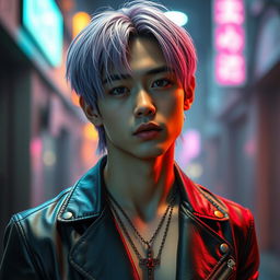 A hot Japanese young male with medium-length lavender hair styled fashionably
