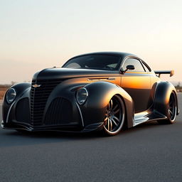 A stunning supercar that artfully blends the classic design of a 1939 Chevrolet Coupe widebody with the sleek, futuristic aesthetics of a Cadillac