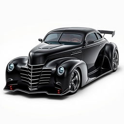 A stunning supercar that artfully blends the classic design of a 1939 Chevrolet Coupe widebody with the sleek, futuristic aesthetics of a Cadillac