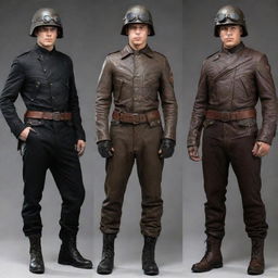 Soldiers in dieselpunk style: garbed in military regalia inspired by World War era, but with a futuristic edge. Visualize sleek leather jackets, ammunition belts, decorated helmets, and diesel-powered armory with a rugged, yet polished industrial aesthetic.