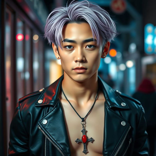 A hot Japanese young male with medium-long lavender hair styled fashionably