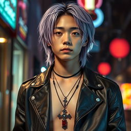 A hot Japanese young male with medium-long lavender hair styled fashionably