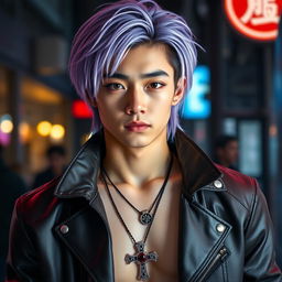 A hot Japanese young male with medium-long lavender hair styled fashionably