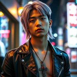 A hot Japanese young male with medium-long lavender hair styled fashionably