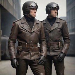 Soldiers in dieselpunk style: garbed in military regalia inspired by World War era, but with a futuristic edge. Visualize sleek leather jackets, ammunition belts, decorated helmets, and diesel-powered armory with a rugged, yet polished industrial aesthetic.