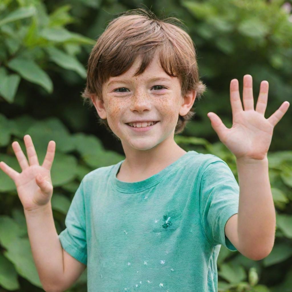 A cheerful 7-year-old boy with brown hair and green eyes, adorned with freckles, is waving with a smile. He's set against the backdrop of a charming garden.