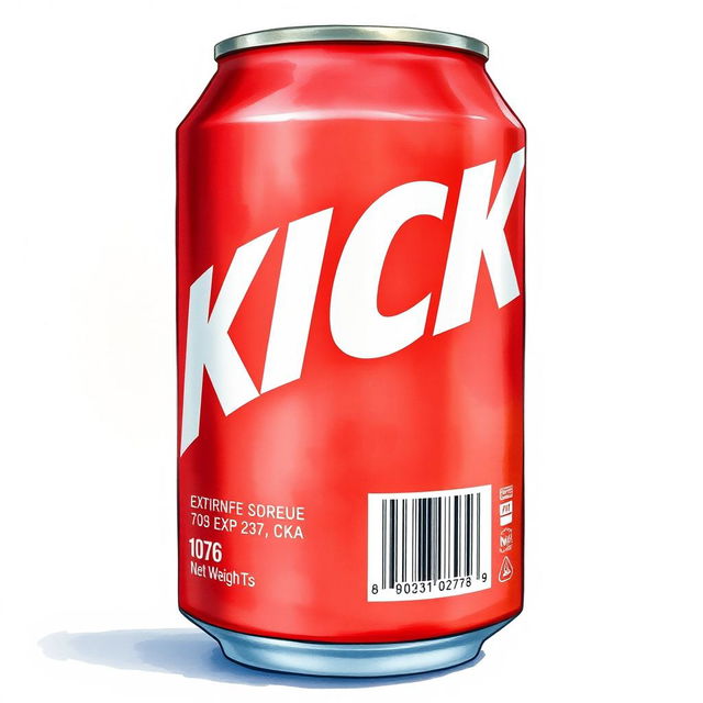 A full view illustration of a red soda can prominently featuring the word "KICK" in bold white letters