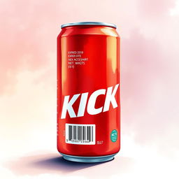 A full view illustration of a red soda can prominently featuring the word "KICK" in bold white letters