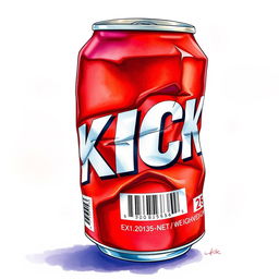 A full view illustration of a crushed red soda can featuring the word "KICK" in bold white letters, showcasing its wrinkled and distorted form