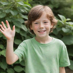 A cheerful 7-year-old boy with brown hair and green eyes, adorned with freckles, is waving with a smile. He's set against the backdrop of a charming garden.