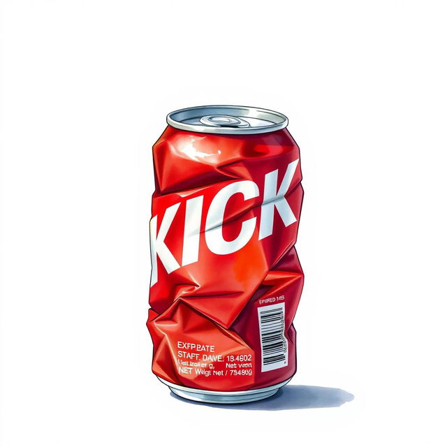 A full view illustration of a crushed red soda can featuring the word "KICK" in bold white letters, showcasing its wrinkled and distorted form