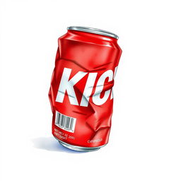 A full view illustration of a crushed red soda can featuring the word "KICK" in bold white letters, showcasing its wrinkled and distorted form