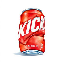 A full view illustration of a crushed red soda can featuring the word "KICK" in bold white letters, showcasing its wrinkled and distorted form