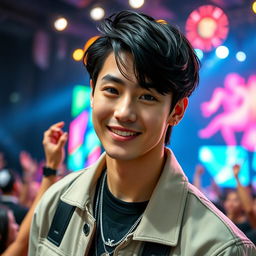 A hot Korean male K-pop idol with medium-length black hair styled to perfection