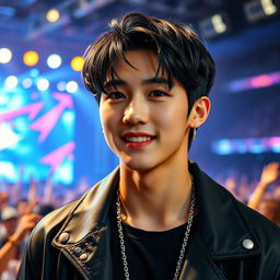 A hot Korean male K-pop idol with medium-length black hair styled to perfection