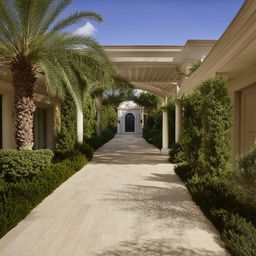 A large, exquisite driveway stretching from an elegant portico to the street, built with superior materials and lined with ornamental plants.