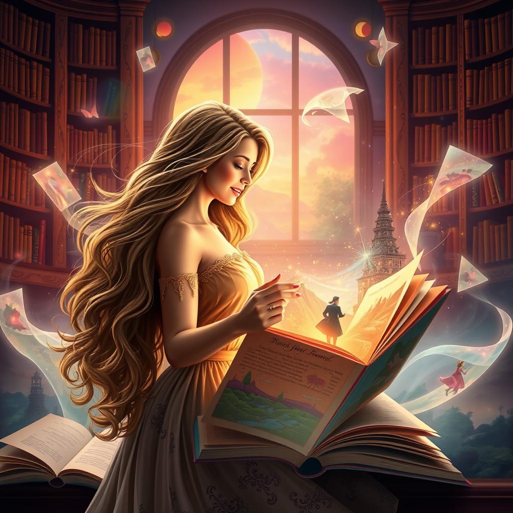 A beautiful woman with long, flowing hair, deeply engrossed in a classic romance novel