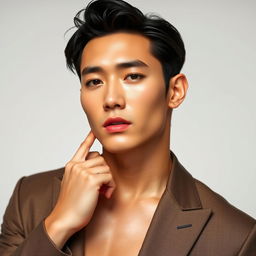 A hot Korean male model with striking features and a confident pose